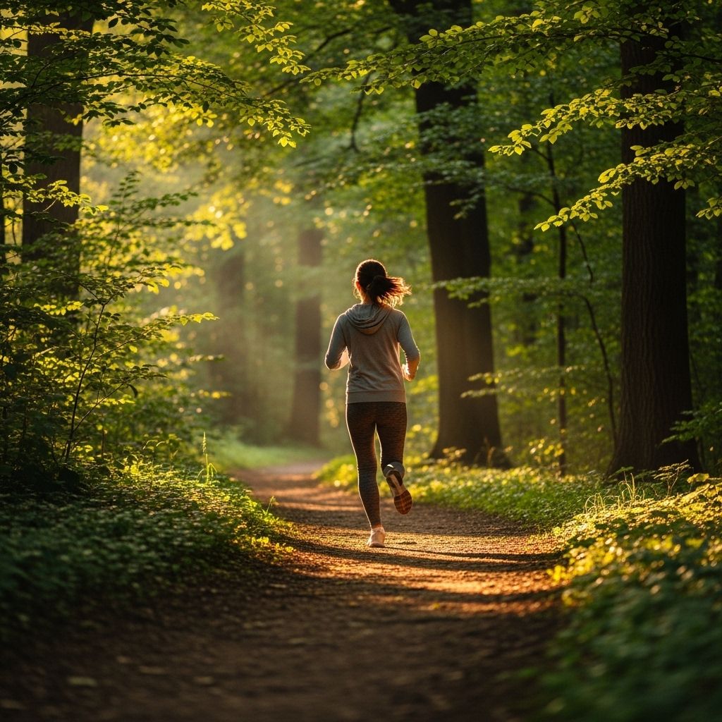 Person jogging on a forest trail in morning light surrounded by green trees, wearing comfortable athletic clothes