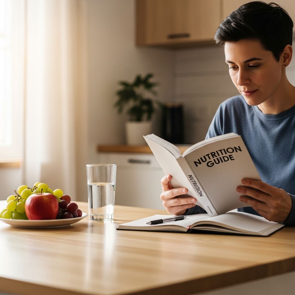 Person reading a nutrition guide book at a bright kitchen table with a glass of water, fresh fruit and a notepad nearby in a cozy home setting