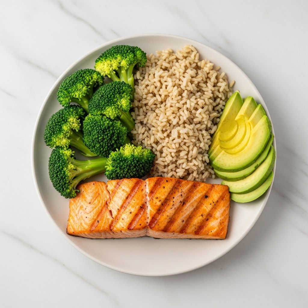 Overhead view of a well-balanced meal plate with grilled salmon, steamed broccoli, brown rice and sliced avocado on a light marble surface