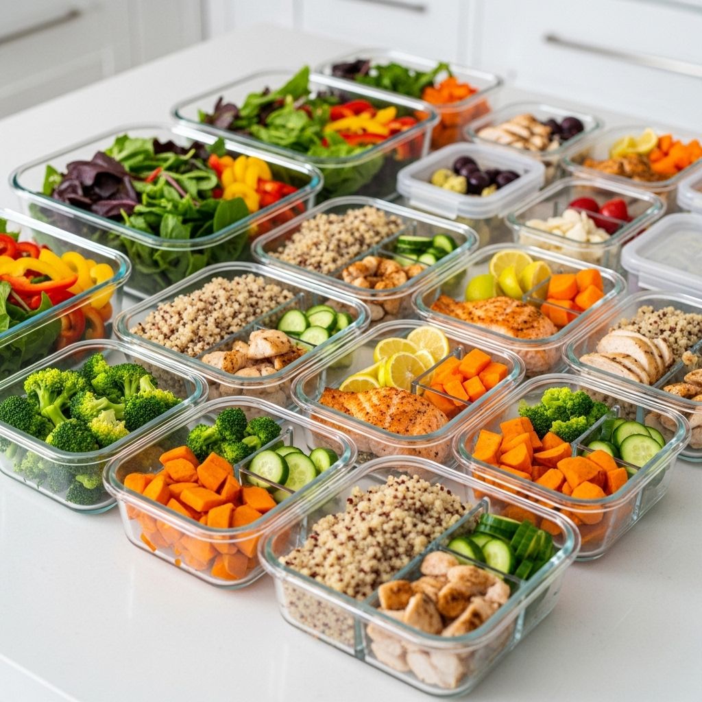 Weekly meal prep setup with glass containers filled with colorful vegetables, grains and proteins organized neatly on a kitchen counter