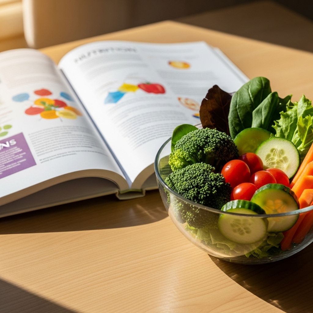 Open educational book about nutrition placed next to a bowl of mixed fresh vegetables on a light wooden desk with warm natural light