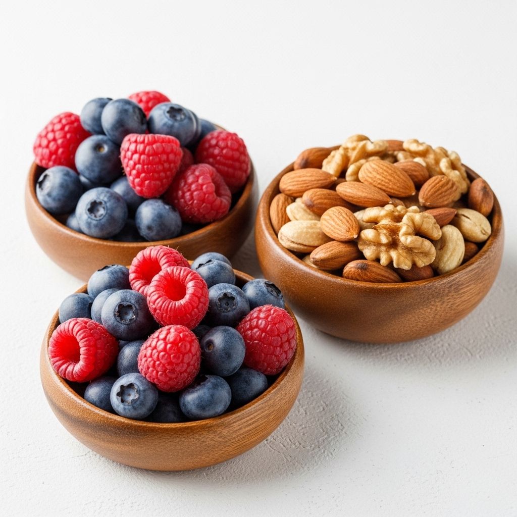 Colorful mix of fresh blueberries, raspberries and a variety of mixed nuts including almonds and walnuts in small wooden bowls on a white surface